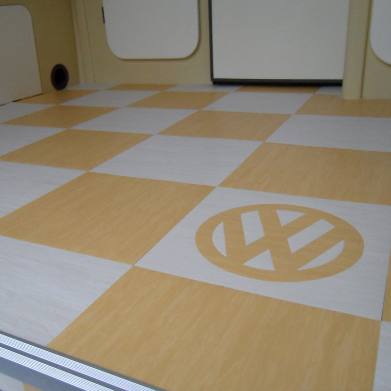 yellow and ivory vinyl tiles in camper van