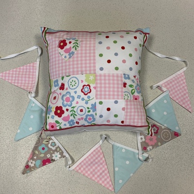 Vintage Style Cushion and Bunting Set Pink Patchwork